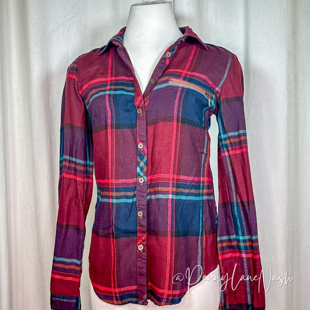 Maurices Zipper Pocket Plaid Button Down Shirt Top - Picture 3 of 11